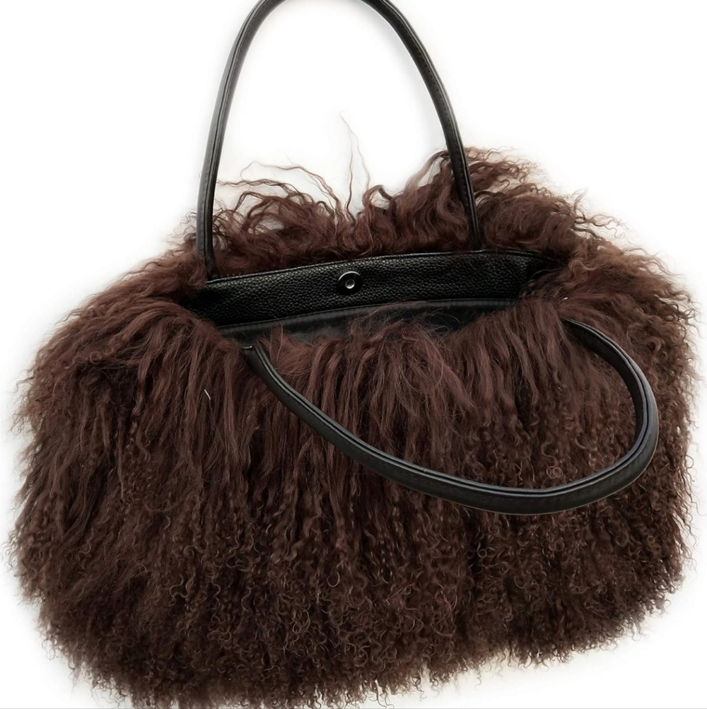 New Real Lamb Mongolian Flush Wool Fur With Genuine Leather Handles Handbag - Picture 7 of 7